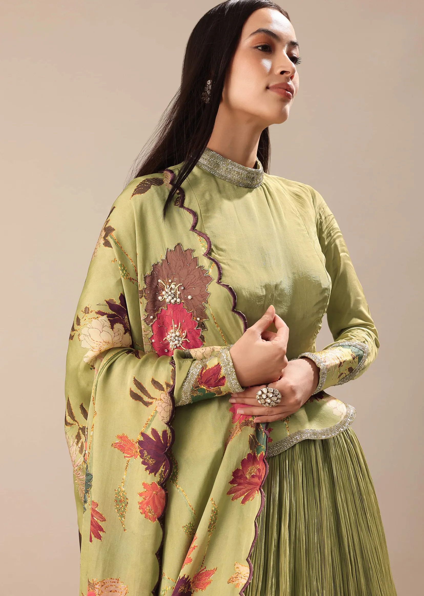 Bamboo Green Embroidered Anarkali Suit With Printed Dupatta