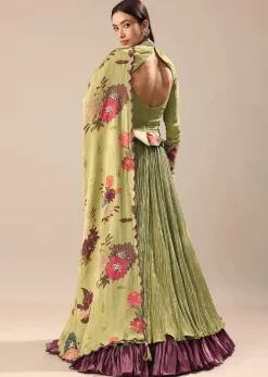 Bamboo Green Embroidered Anarkali Suit With Printed Dupatta
