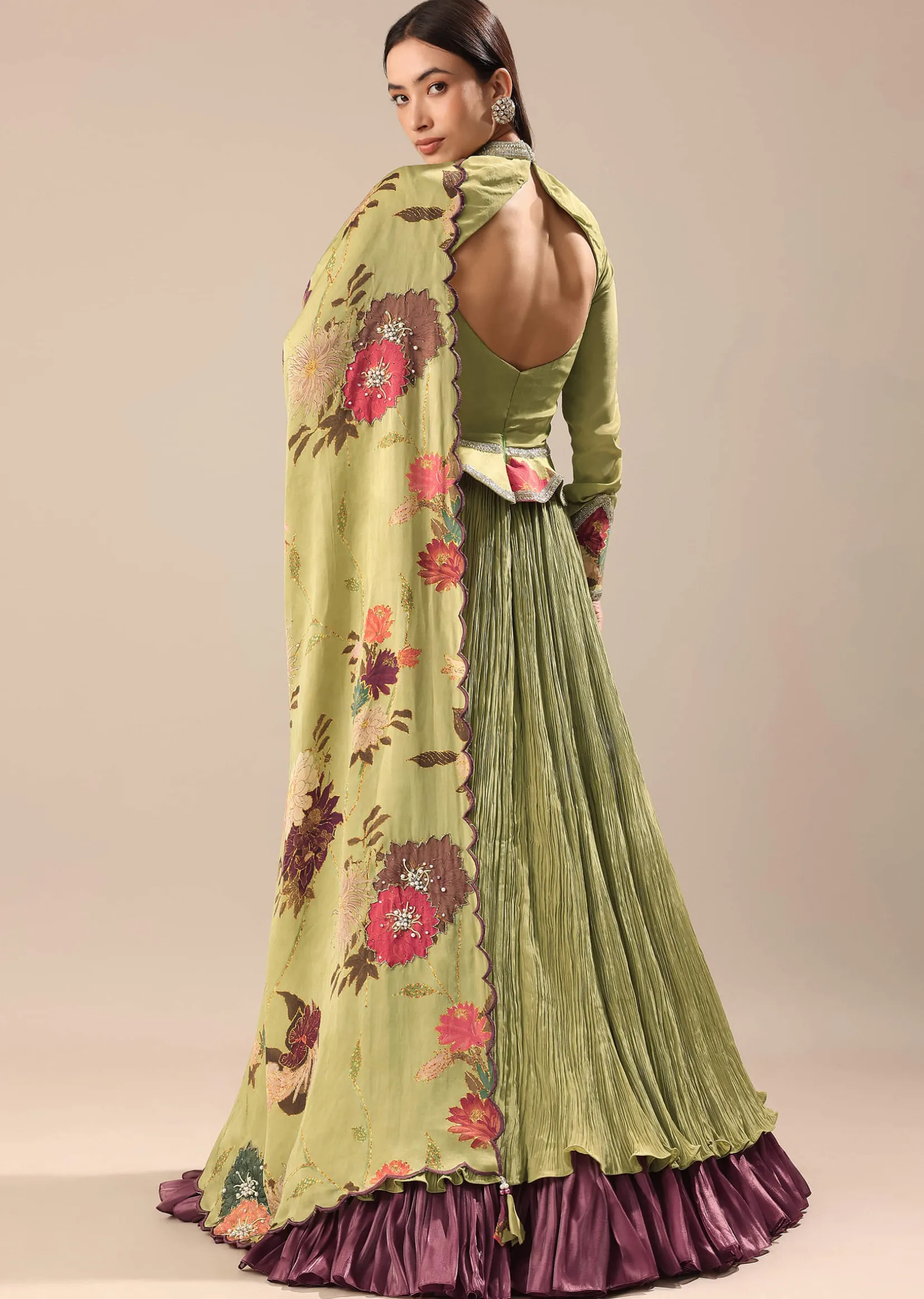 Bamboo Green Embroidered Anarkali Suit With Printed Dupatta