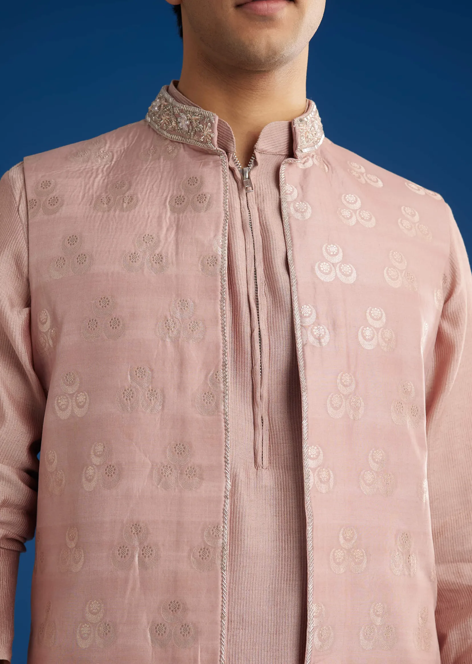 Banarasi Silk Jacket Kurta Set With Front Zip Closure