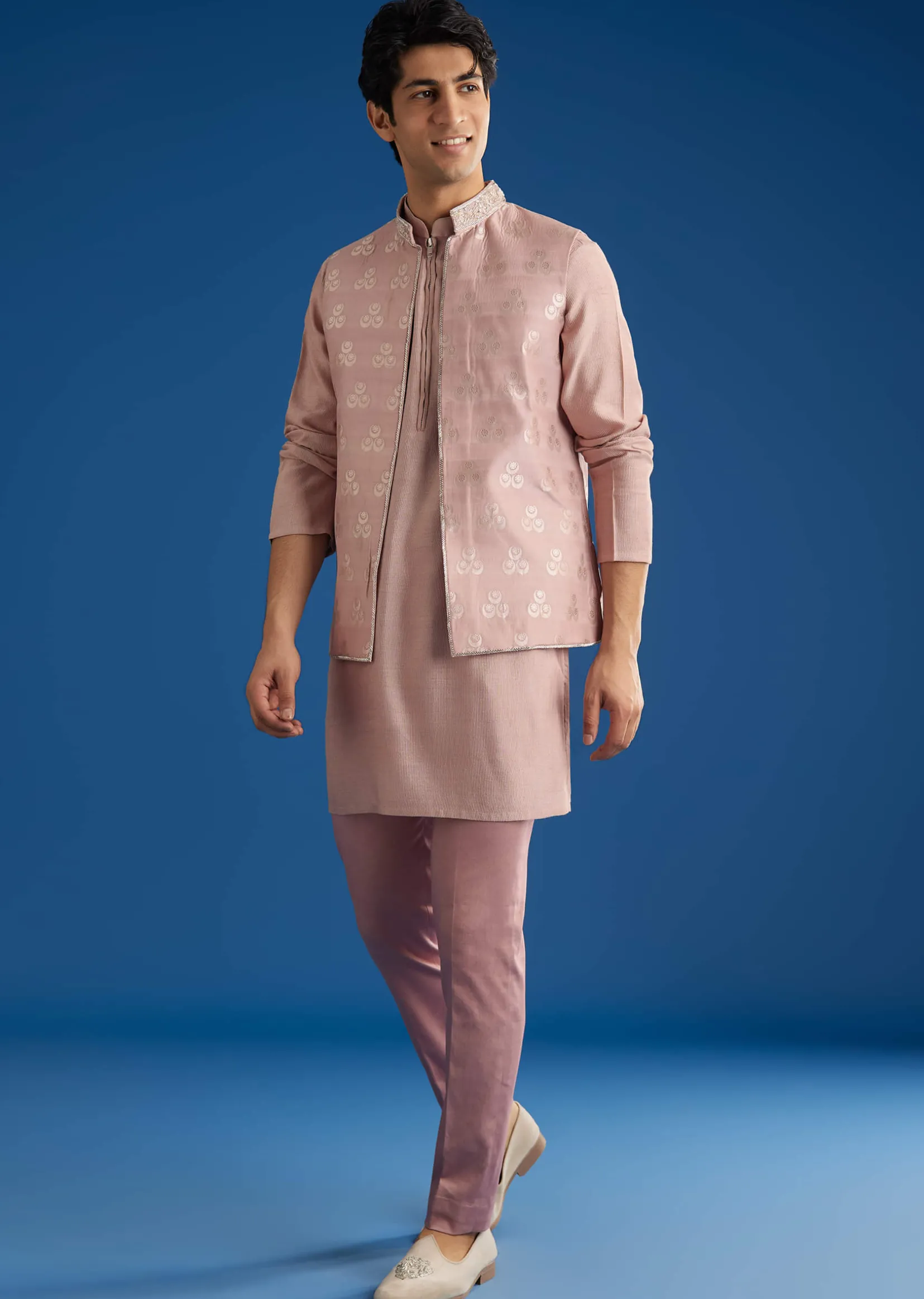 Banarasi Silk Jacket Kurta Set With Front Zip Closure
