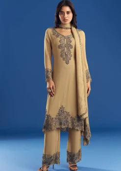 Beige Asymmetrical Georgette Beaded Kurta Pant Set With Dupatta