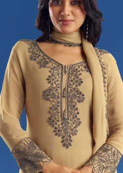 Beige Asymmetrical Georgette Beaded Kurta Pant Set With Dupatta