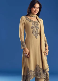 Beige Asymmetrical Georgette Beaded Kurta Pant Set With Dupatta