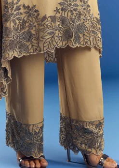 Beige Asymmetrical Georgette Beaded Kurta Pant Set With Dupatta