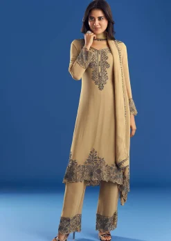 Beige Asymmetrical Georgette Beaded Kurta Pant Set With Dupatta