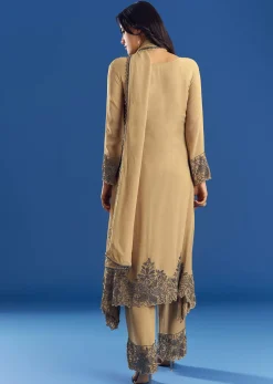 Beige Asymmetrical Georgette Beaded Kurta Pant Set With Dupatta