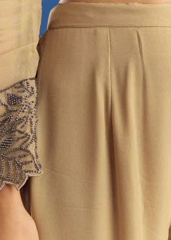 Beige Asymmetrical Georgette Beaded Kurta Pant Set With Dupatta