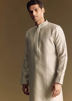 Beige Banarasi Jacquard Kurta Set With Intricate Cutwork