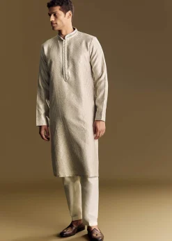 Beige Banarasi Jacquard Kurta Set With Intricate Cutwork