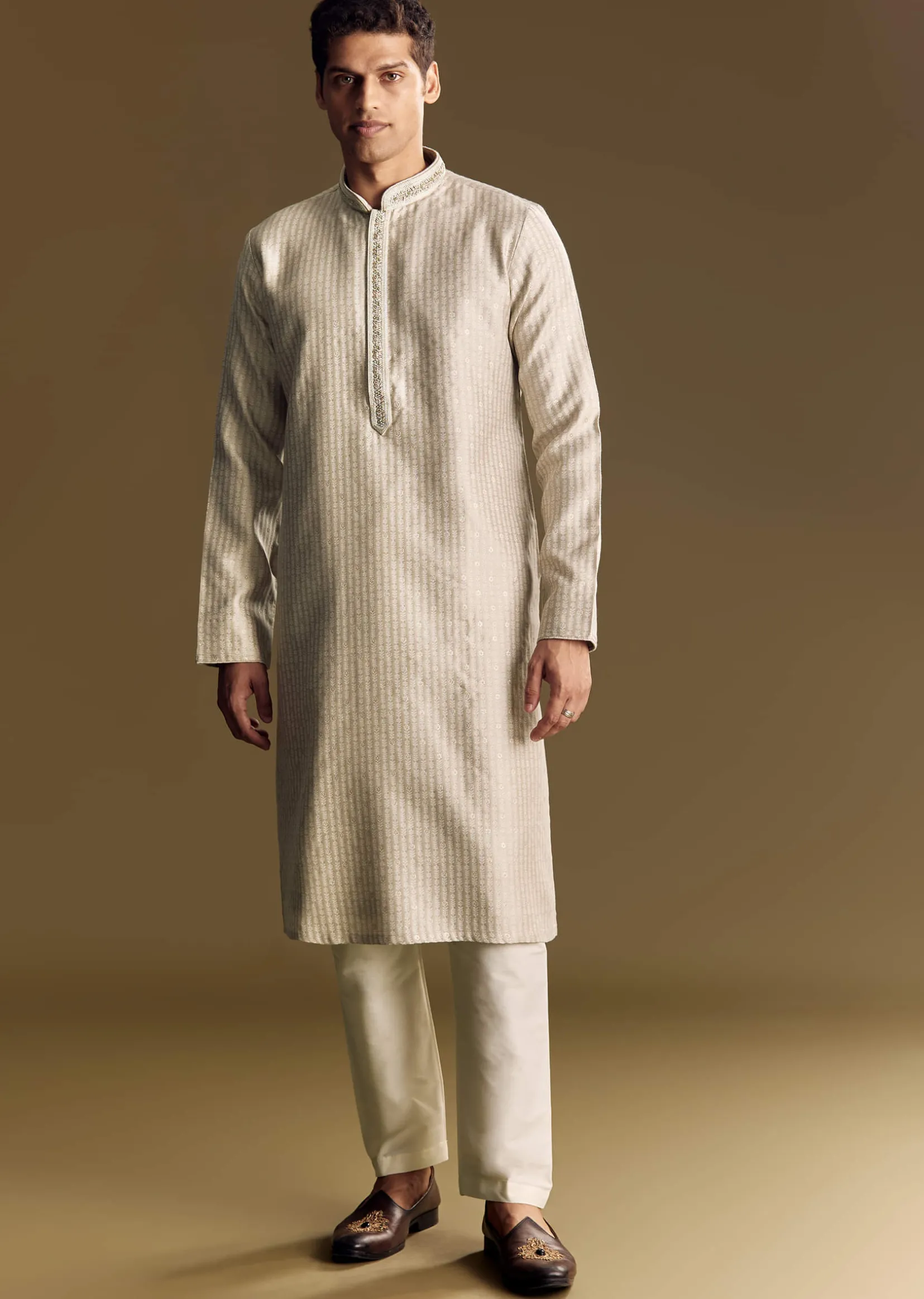 Beige Banarasi Jacquard Kurta Set With Intricate Cutwork