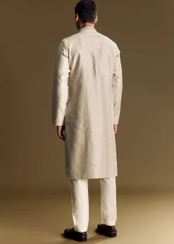 Beige Banarasi Jacquard Kurta Set With Intricate Cutwork