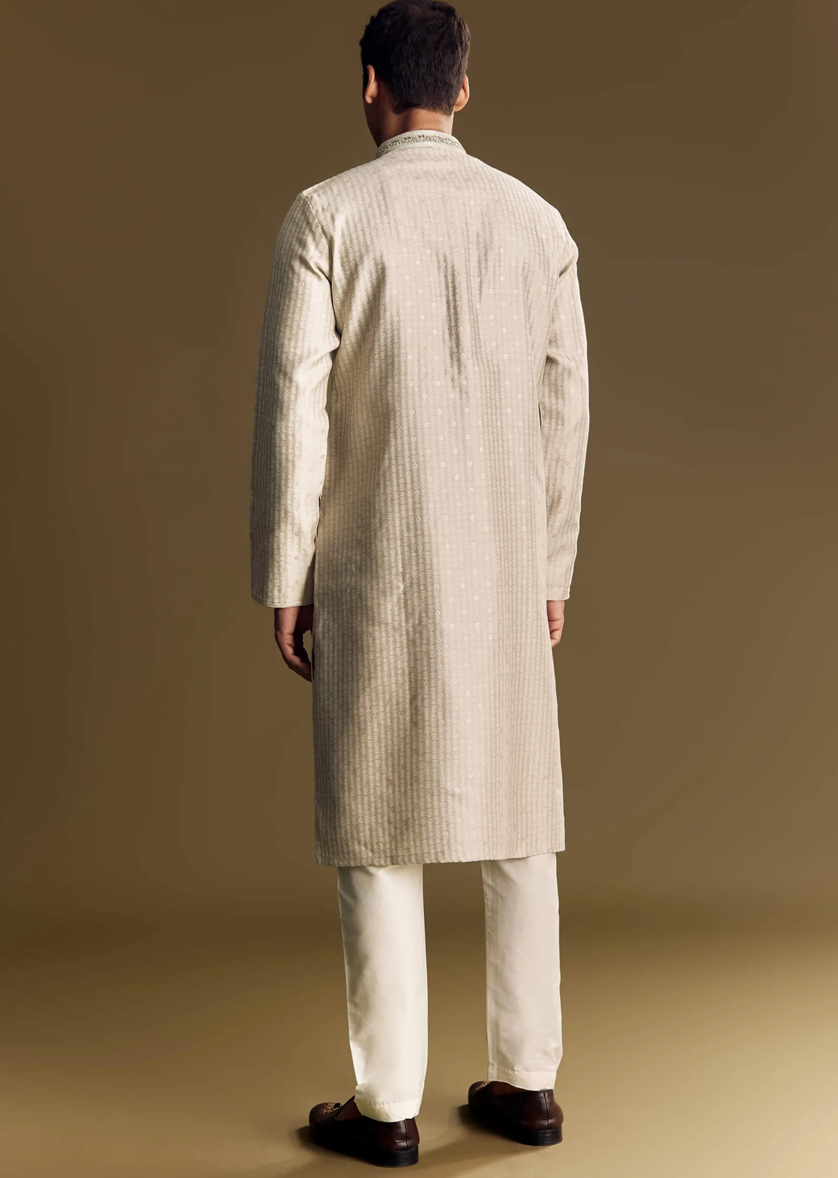 Beige Banarasi Jacquard Kurta Set With Intricate Cutwork