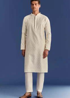 Beige Benaras Jacquard Kurta Set With Print