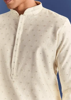 Beige Benaras Jacquard Kurta Set With Print