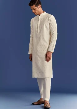 Beige Benaras Jacquard Kurta Set With Print