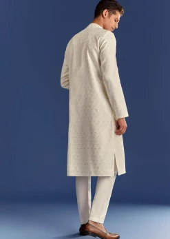Beige Benaras Jacquard Kurta Set With Print