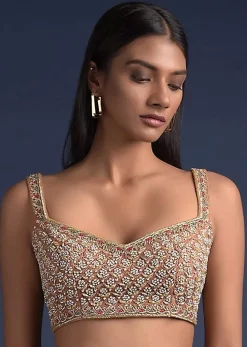 Beige Blouse In Raw Silk Heavily Embroidered With Zardosi And Moti Work