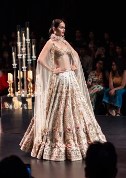 Beige Bridal Lehenga Set in Silk With Organza Flowers And 3D Embroidery