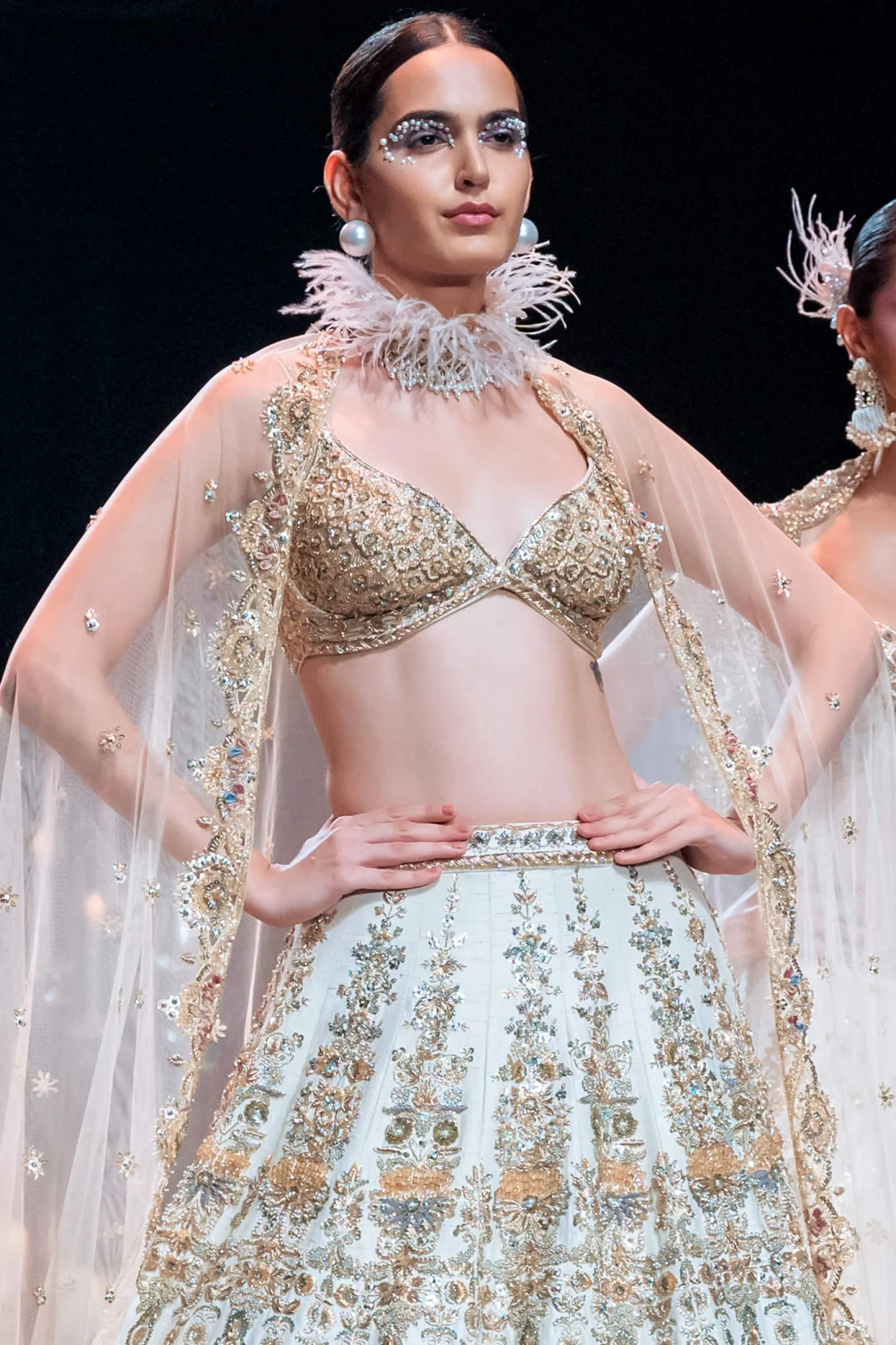 Beige Bridal Lehenga Set in Silk With Organza Flowers And 3D Embroidery