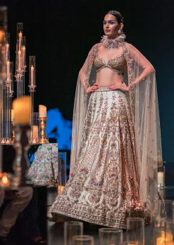Beige Bridal Lehenga Set in Silk With Organza Flowers And 3D Embroidery