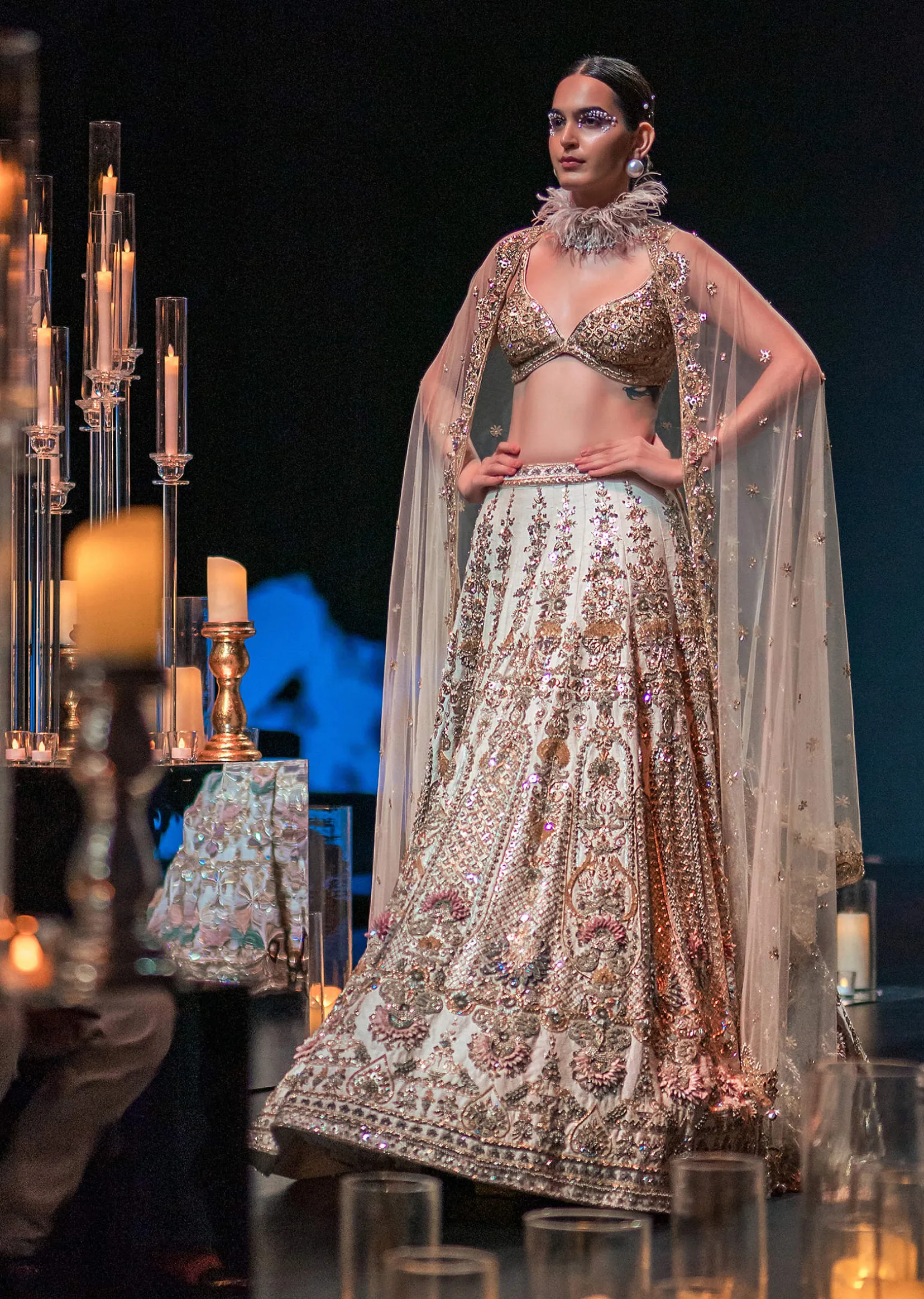 Beige Bridal Lehenga Set in Silk With Organza Flowers And 3D Embroidery