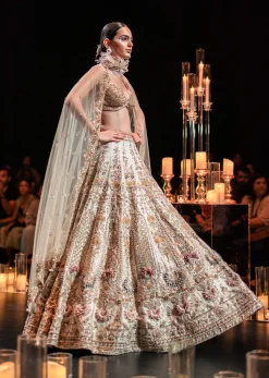 Beige Bridal Lehenga Set in Silk With Organza Flowers And 3D Embroidery