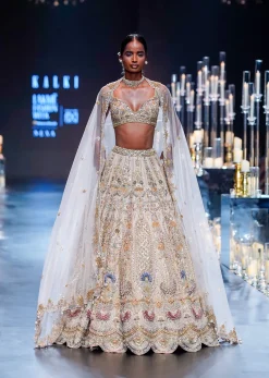 Beige Bridal Lehenga Set With Floral Motifs And Heavy 3D Embroidery