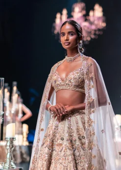 Beige Bridal Lehenga Set With Floral Motifs And Heavy 3D Embroidery