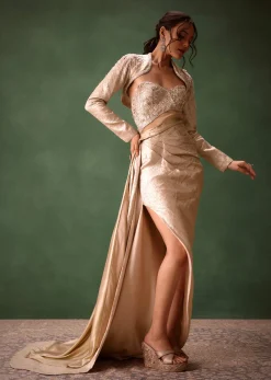 Beige Brocade Gown with Crop Jacket