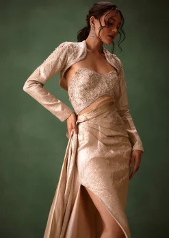 Beige Brocade Gown with Crop Jacket