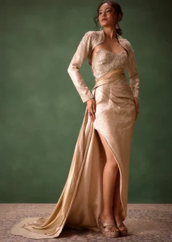 Beige Brocade Gown with Crop Jacket