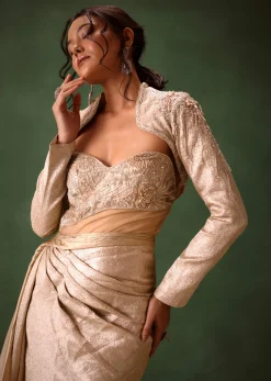 Beige Brocade Gown with Crop Jacket