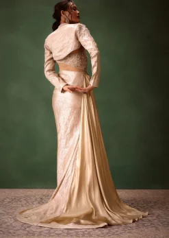 Beige Brocade Gown with Crop Jacket