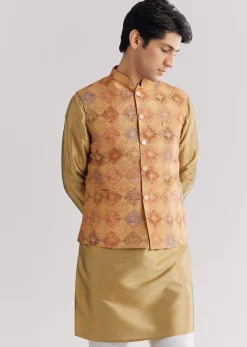 Beige Brocade Jacket Kurta Set