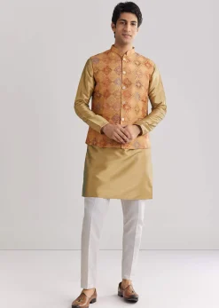 Beige Brocade Jacket Kurta Set