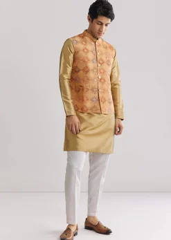Beige Brocade Jacket Kurta Set