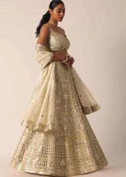 Beige Chanderi Mirror Embellished Lehenga Set
