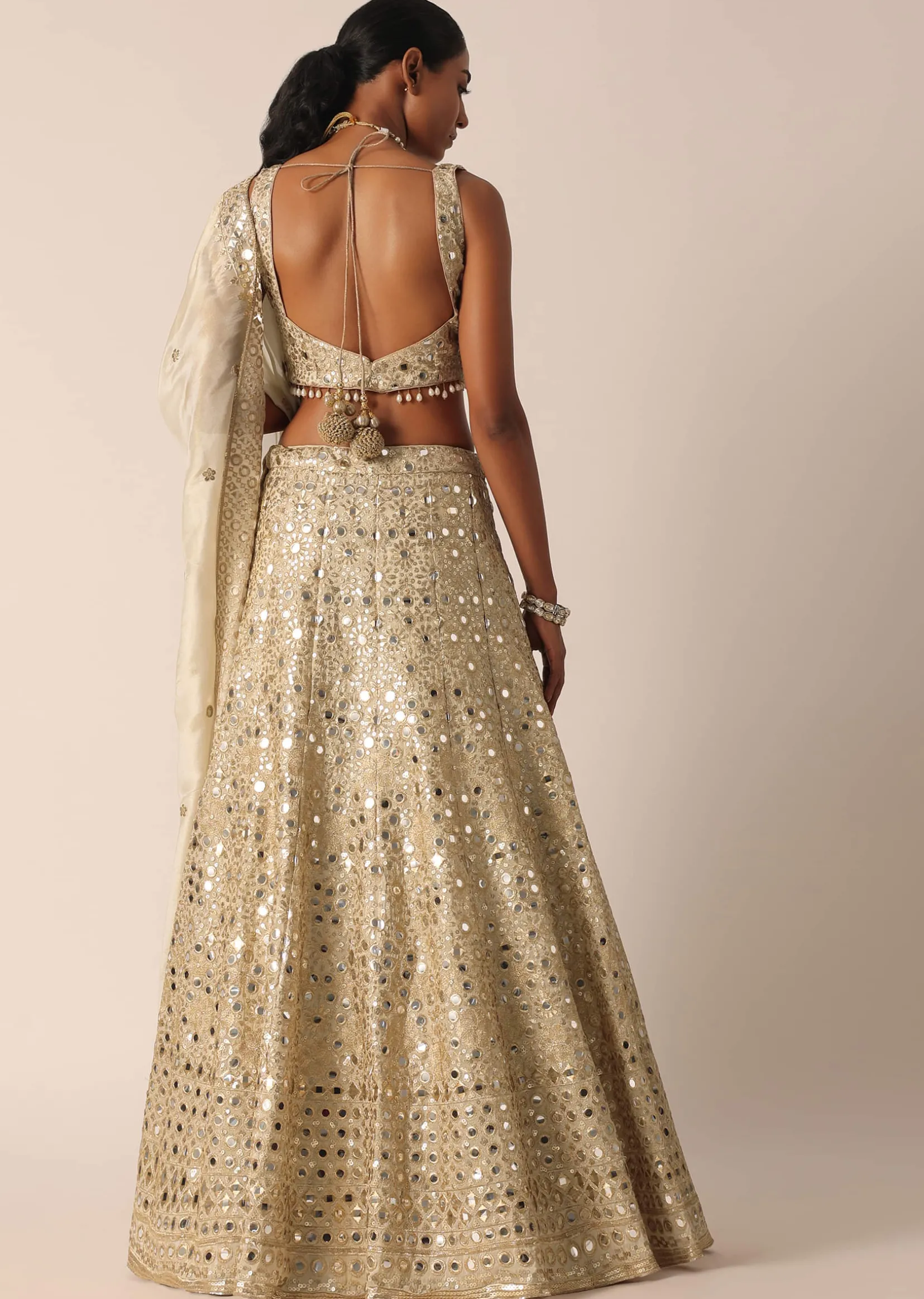 Beige Chanderi Mirror Embellished Lehenga Set