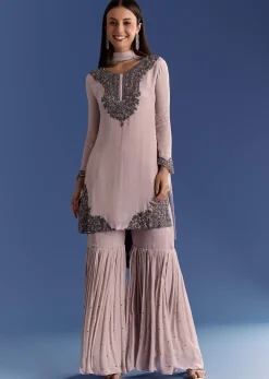 Beige Chinon Beaded Kurta Set With Ombre Dupatta