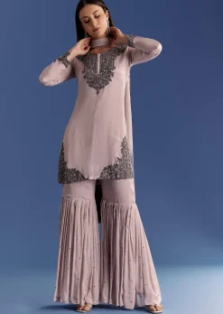 Beige Chinon Beaded Kurta Set With Ombre Dupatta