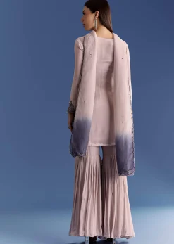 Beige Chinon Beaded Kurta Set With Ombre Dupatta
