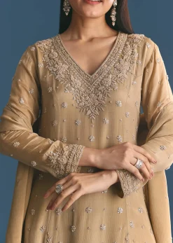 Beige Chinon Kurta Palazzo Suit With Sequins Thread Work