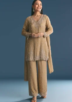 Beige Chinon Kurta Palazzo Suit With Sequins Thread Work
