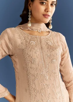 Beige Chinon Kurta Sharara Set With Cut Dana Sequins Work