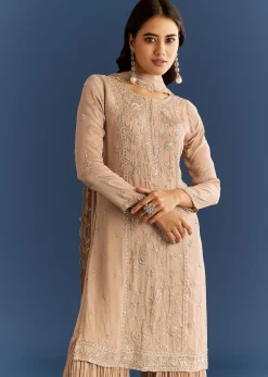 Beige Chinon Kurta Sharara Set With Cut Dana Sequins Work