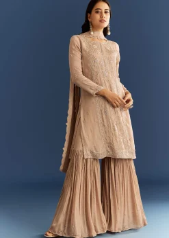 Beige Chinon Kurta Sharara Set With Cut Dana Sequins Work