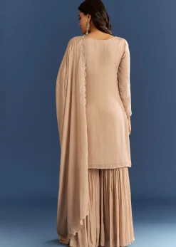 Beige Chinon Kurta Sharara Set With Cut Dana Sequins Work