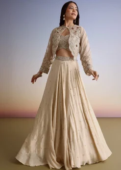 Beige Chinon Lehenga Jacket Set With Beads And Cutdana Work