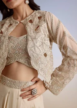 Beige Chinon Lehenga Jacket Set With Beads And Cutdana Work